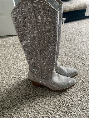 Studded Silver Knee-High Western Boots